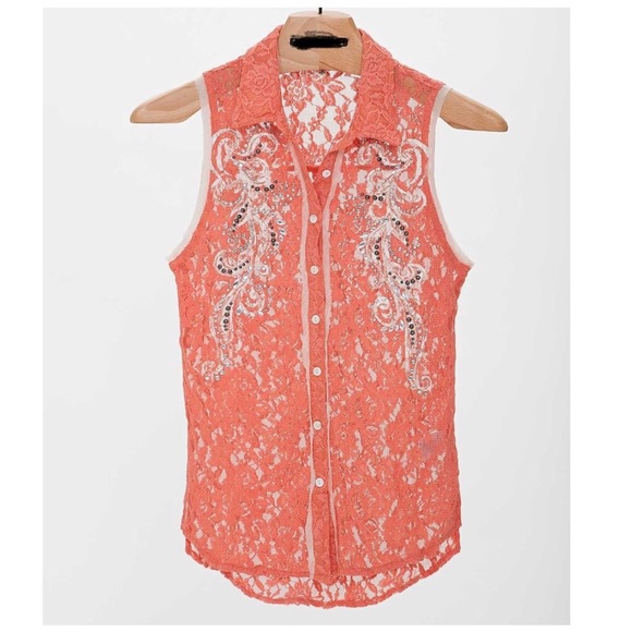 MISS ME~ Coral Embellished Sleeveless Lace Shirt~L - Picture 2 of 8